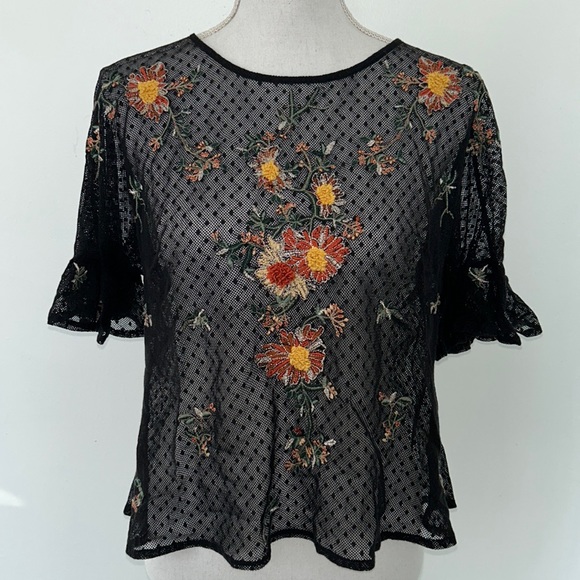 Maeve Embroidered Floral Polka Dot Mesh Cadiz Top - Picture 5 of 7